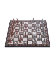 Büyük Boy Metal Osmanlı Bizans Satranç Takımı Antik ve Katlanır Sedef Desenli MDF Ahşap Satranç Tahta (43x43 cm.) (Çok Renkli)