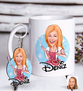 BK Gift Kişiye Özel Kadın Aşçı Karikatürlü Beyaz Kupa ve Anahtarlık Hediye Seti-1 (Model 1)