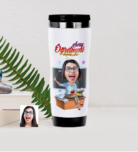 BK Gift Kişiye Özel Bayan Öğretmen Karikatürlü Çelik Termos Bardak - 2