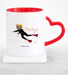 BK Gift Kişiye Özel Mesleki Dalgıç Kırmızı Kalpli Kupa Bardak