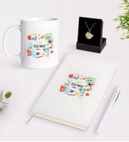 BK Gift Kişiye Özel Sınıf Öğretmeni Beyaz Kupa Defter Kalem ve İsimli Papatya Kolye Hediye Seti-10 (Model 1)