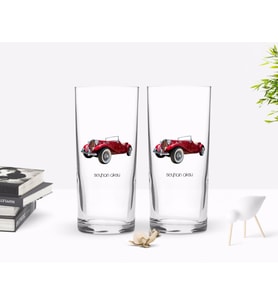 BK Gift Kişiye Özel Renkli Baskılı Retro Otomobil Tasarımlı İkili Rakı Bardağı Seti-4 (Beyaz)