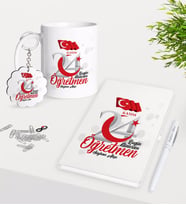BK Gift Kişiye Özel Bugün Günlerden Öğretmen Kupa Anahtarlık Beyaz Defter Kalem Hediye Seti-2 (Model 1)