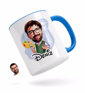 BK Gift Kişiye Özel Erkek Ressam Karikatürlü Mavi Kupa Bardak-1