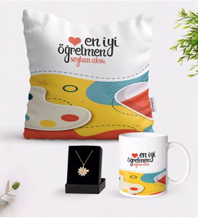 BK Gift Kişiye Özel En İyi Öğretmen Beyaz Kupa Yastık ve İsimli Papatya Kolye Hediye Seti-4 (Model 1)