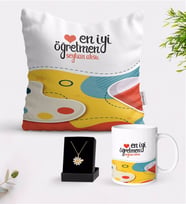BK Gift Kişiye Özel En İyi Öğretmen Beyaz Kupa Yastık ve İsimli Papatya Kolye Hediye Seti-4 (Model 1)