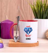 Super Dad Babaya Hediye Ahşap Altlıklı Kırmızı Kupa Bardak