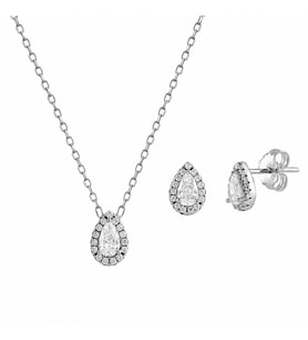 Afrodit Silver 925 Ayar Damla Taşlı Kolye Küpe İkili Gümüş Takı Seti