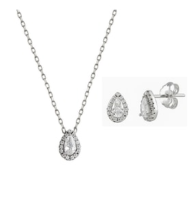 Afrodit Silver Damla Taşlı Kolye Küpe İkili Gümüş Takı Seti