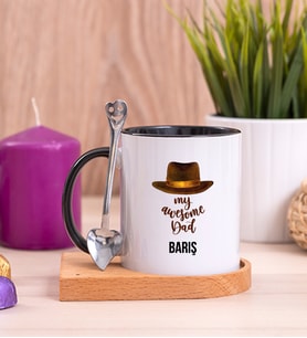 Awesome Dad Babaya Hediye Ahşap Altlıklı Siyah Kupa Bardak