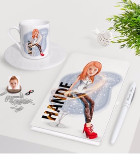 BK Gift Kişiye Özel Bayan Karikatürlü Beyaz Defter Kalem Türk Kahvesi Fincanı Seti-39 (Model 1)