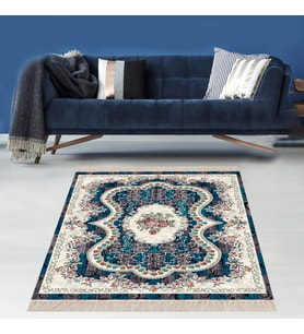 Osmanlı Motifi Çiçek Desen Dijital Baskı Yıkanabilir Modern Salon Halısı ve Yollu (Mavi)