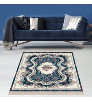 Osmanlı Motifi Çiçek Desen Dijital Baskı Yıkanabilir Modern Salon Halısı ve Yollu (Mavi)