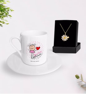 BK Gift Kişiye Özel Anaokulu Öğretmeni Türk Kahvesi Fincanı ve İsimli Papatya Kolye Hediye Seti-5 (Model 1)