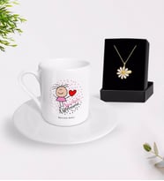 BK Gift Kişiye Özel Anaokulu Öğretmeni Türk Kahvesi Fincanı ve İsimli Papatya Kolye Hediye Seti-5 (Model 1)
