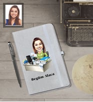 Kişiye Özel İş Kadını Karikatürlü Gri Defter Kalem Hediye Seti  Bayan-16
