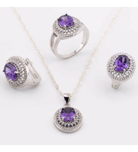 925 Ayar Gümüş Mor Zirkon Taşlı Yuvarlak Model Bayan  Set