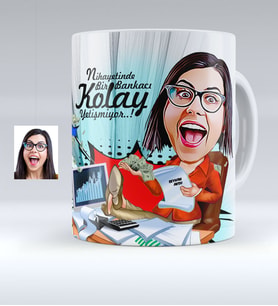 BK Gift Kişiye Özel Bayan Bankacı Karikatürlü Beyaz Kupa Bardak  1