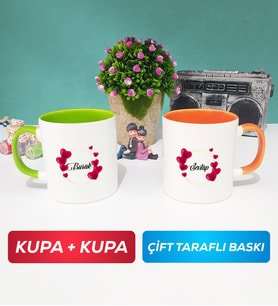 İkili İsme Özel Sevgililer Günü Hediyesi Kupa Bardak Yeşil Turuncu