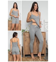MyBen Kadın Gri Renkli  Şortlu ve Taytlı Pijama Takımı 3'lü Set 75009