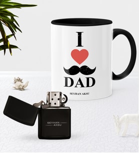 BK Gift Kişiye Özel Babamı Seviyorum Siyah Kupa Bardak Benzinli Metal Çakmak Seti (Model 1)