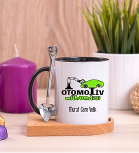 Otomotiv Mühendisi Ahşap Altlıklı Siyah Kupa Bardak
