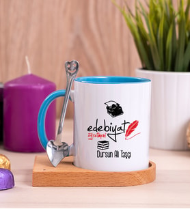 Edebiyat Öğretmeni Ahşap Altlıklı Mavi Kupa Bardak
