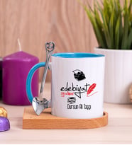 Edebiyat Öğretmeni Ahşap Altlıklı Mavi Kupa Bardak