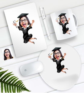 BK Gift Kişiye Özel Bayan Mezun Karikatürlü Defter Kalem Kupa Mouse Pad Seti (Model 1)