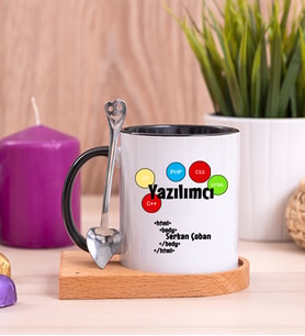 Yazılımcı Ahşap Altlıklı Siyah Kupa Bardak