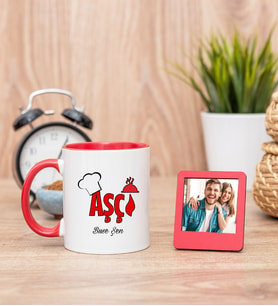 Aşçı Kırmızı Kupa Bardak ve Kırmızı Mini Fotoğraf Çerçevesi