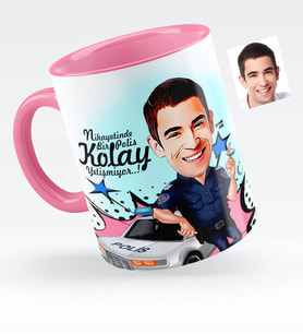 BK Gift Kişiye Özel Bay Polis Karikatürlü Pembe Kupa Bardak  5
