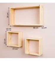 Dfn Wood Doğal Masif Ahşap Dekoratif 3'lü Duvar Rafı Kitaplık Çiçeklik