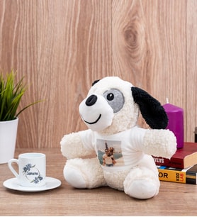İsme Özel Çiçek Desenli Türk Kahvesi Fincanı ve Peluş Köpek