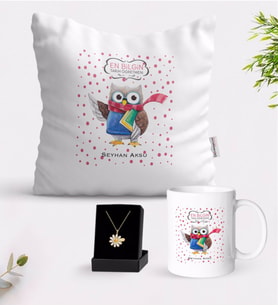 BK Gift Kişiye Özel Tarih Öğretmeni Beyaz Kupa Yastık ve İsimli Papatya Kolye Hediye Seti-3 (Model 1)