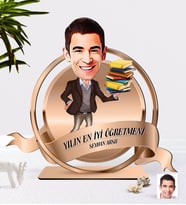 BK Gift Kişiye Özel Yılın En İyi Erkek Öğretmeni Karikatürlü 3D Ahşap Biblo Plaket-9 (Beyaz)