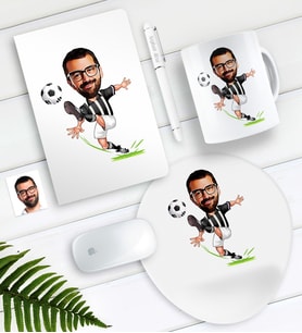 BK Gift Kişiye Özel Bay Siyah Beyaz Futbolcu Karikatürlü Defter Kalem Kupa Mouse Pad Seti (Model 1)