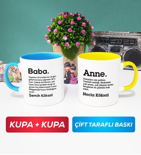 İkili Kişiye Özel Baba ve Anne Kupa Bardak Mavi Sarı