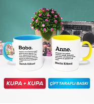 İkili Kişiye Özel Baba ve Anne Kupa Bardak Mavi Sarı