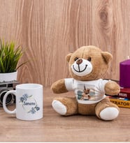 İsme Özel Çiçek Desenli Beyaz Kupa Bardak ve Peluş Ayıcık