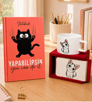 Yapabilirsin Motive Kedi Defter & Sevimli Kedi Ahşap Kutulu Kupa