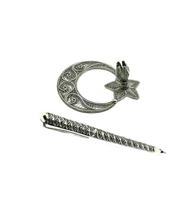 Gümüş Kalem Ayyıldızlı Hediyelik Masalık Telkari Gümüş Kalemlik TH-46
