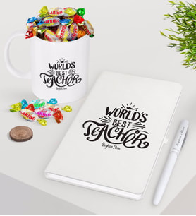 BK Gift Kişiye Özel Dünyanın En İyi Öğretmeni Beyaz Defter Kalem Şekerli Kupa Seti-30 (Model 1)
