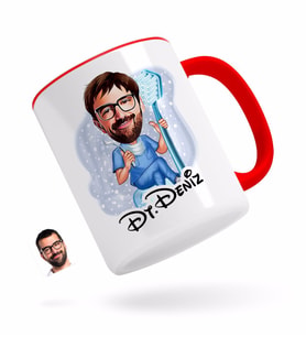 BK Gift Kişiye Özel Erkek Diş Hekimi Karikatürlü Kırmızı Kupa Bardak-2