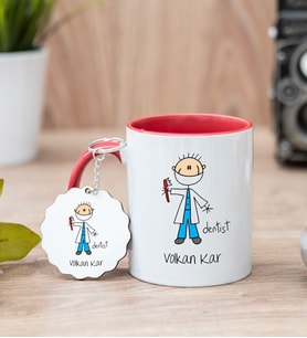 Diş Hekimi Karikatürü Kırmızı Kupa Bardak Ve Anahtarlık Set