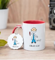 Diş Hekimi Karikatürü Kırmızı Kupa Bardak Ve Anahtarlık Set