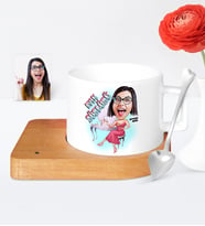 BK Gift Kişiye Özel Evin Süslüsü Karikatür Ahşap Altlıklı Seramik Fincan  1