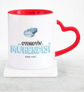 BK Gift Kişiye Özel Mesleki Otomotiv Mühendisi Kırmızı Kalpli Kupa Bardak
