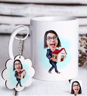 BK Gift Kişiye Özel Bayan Emlakçı Karikatürlü Beyaz Kupa ve Anahtarlık Hediye Seti-1 (Model 1)