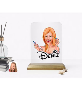 BK Gift Kişiye Özel Kadın Karikatürlü Ahşap Standlı Çerçeve-21 (Beyaz)